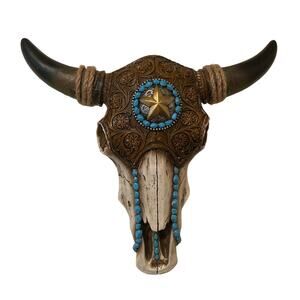 13" long Western Star Steer Bison Bull Tooled Leather Horned Wall Decor w/ Tag